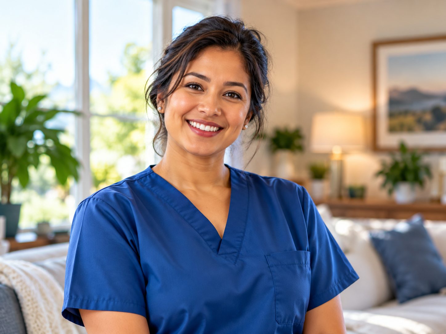 Smiling caregiver in scrubs